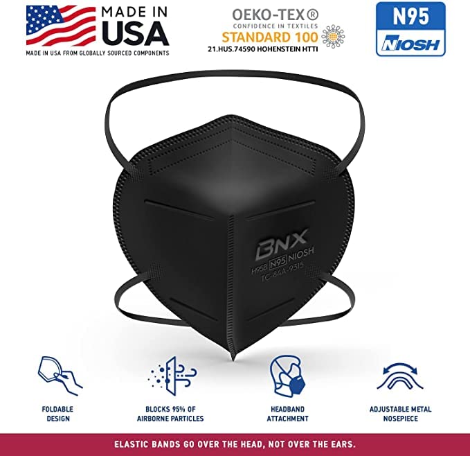 AccuMed BNX N95 mask black headbands over head ensure secure fit.