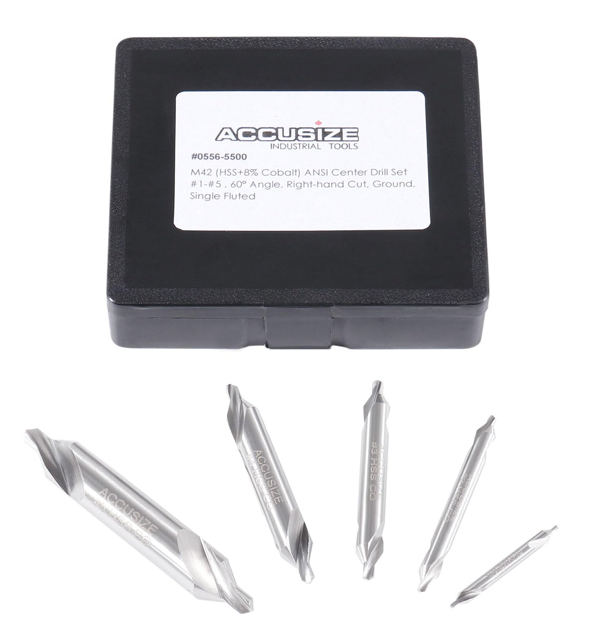 Accusize five-piece set provides sizes from 1/8 to 7/16 for versatile center drilling