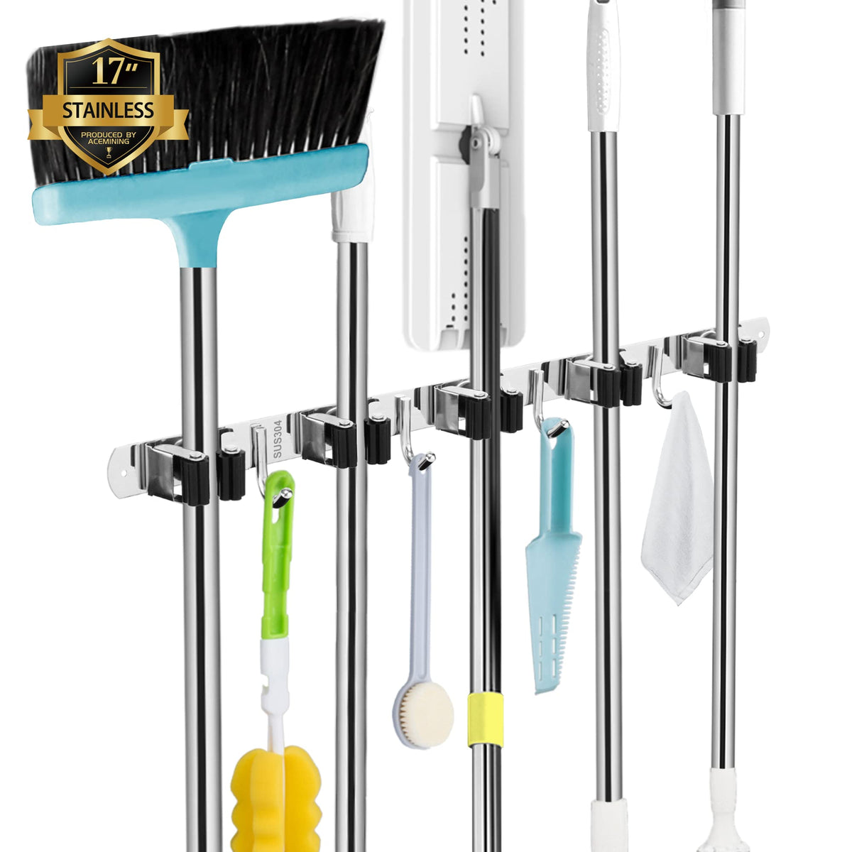 AceMining 5 racks 4 hooks mop holder mounted for organized storage and easy access.