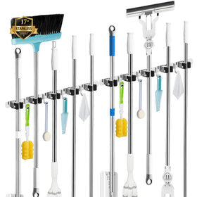 AceMining mop and broom holder wall mount with five racks and four hooks for clutter-free spaces