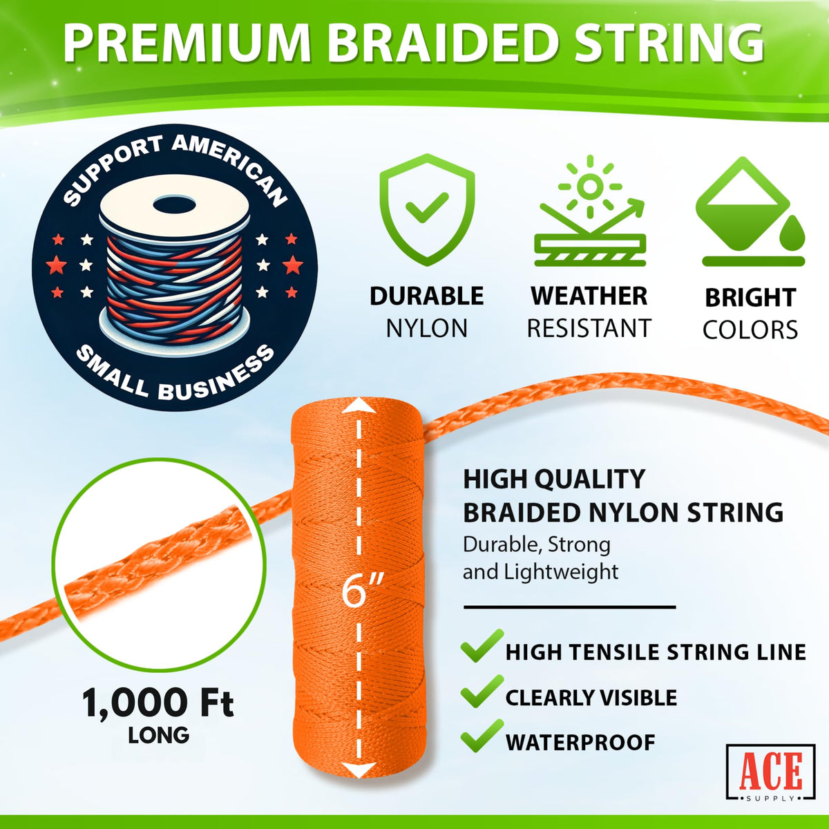 ACE Supply closeup of braided nylon mason line demonstrates durability for tough outdoor tasks.