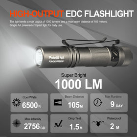 ACEBEAM Pokelit AA beam view shows 105-meter reach for outdoors and tasks