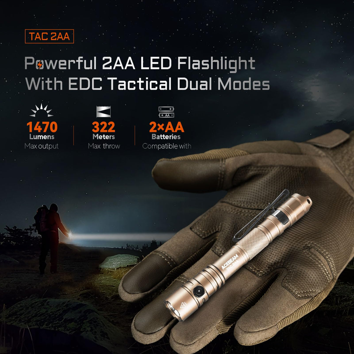 ACEBEAM TAC 2AA compact size fits securely in a pocket or bag.
