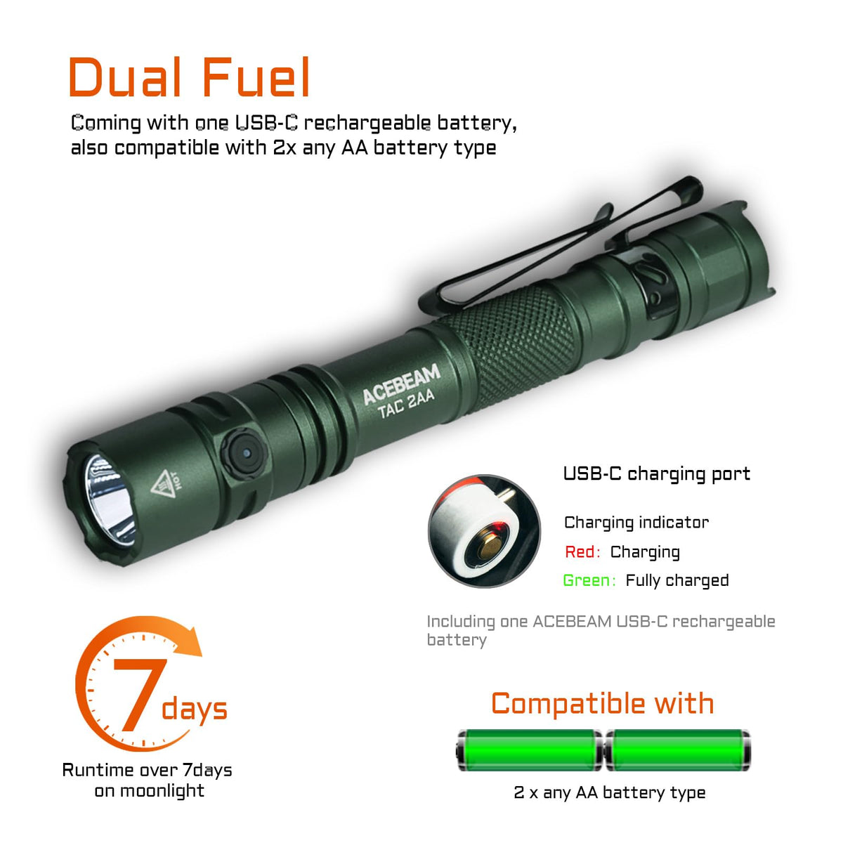 ACEBEAM TAC 2AA dual-switch design enables quick mode changes