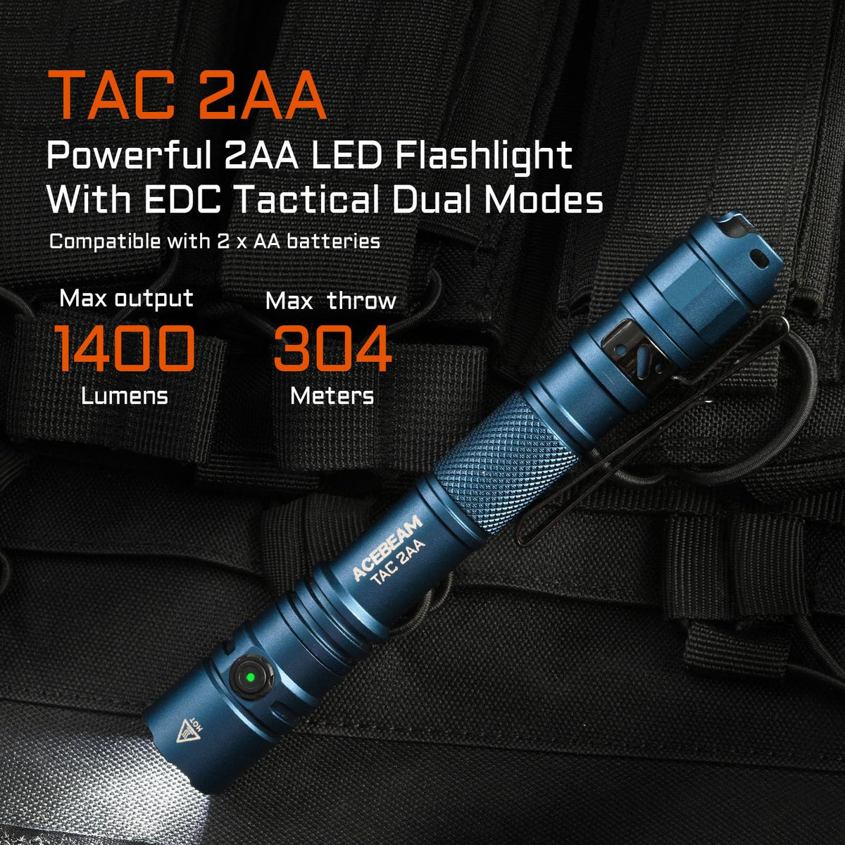 ACEBEAM TAC 2AA dual switches viewed at an angle for versatile control