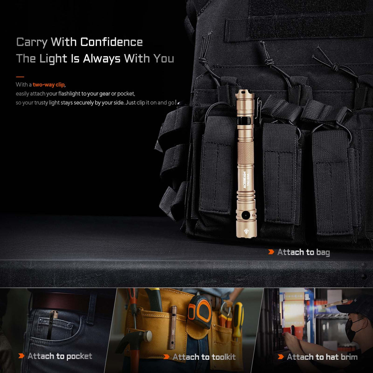 ACEBEAM TAC 2AA dual switches provide versatile control in any scenario.