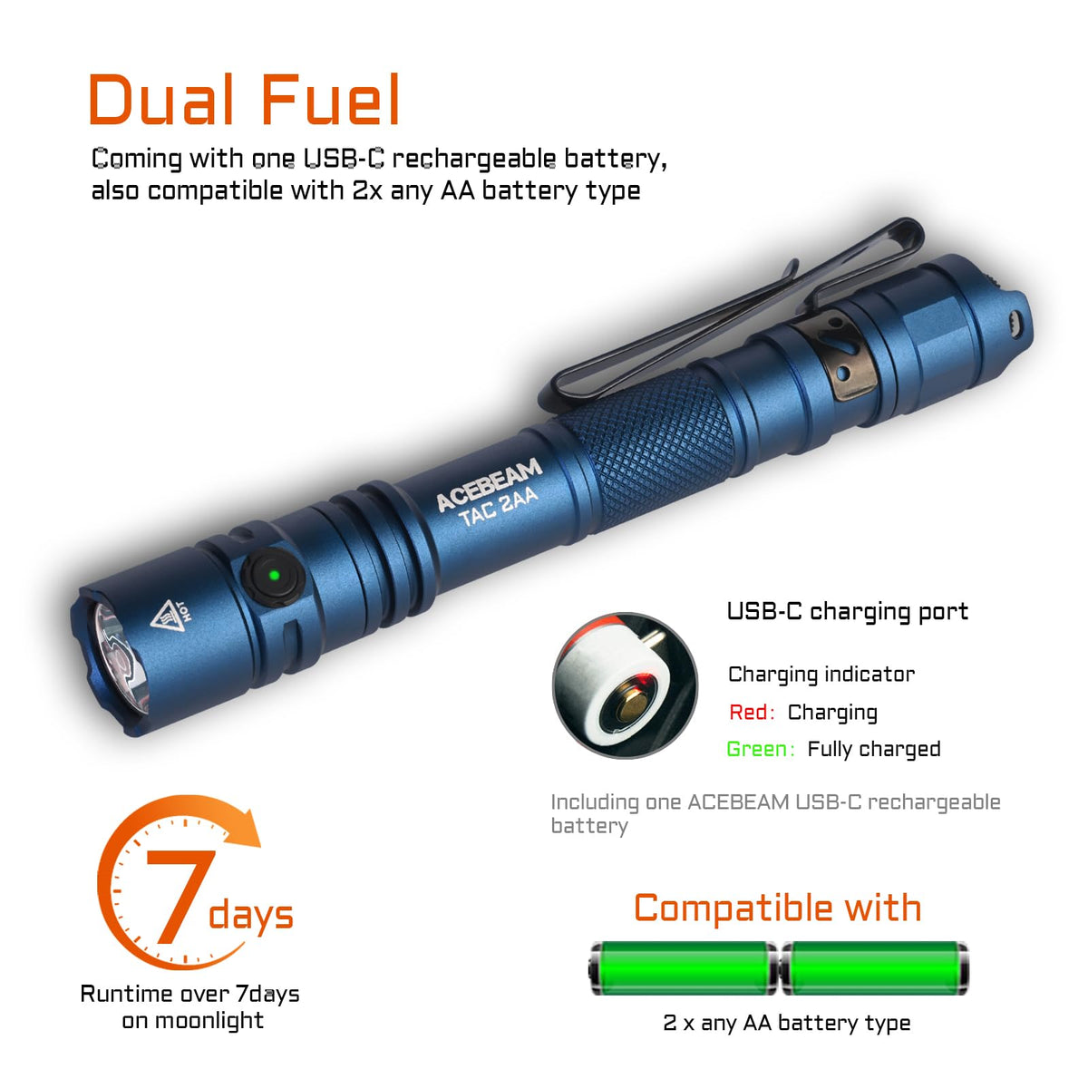 ACEBEAM TAC 2AA everyday carry clip emphasizes portability and quick access