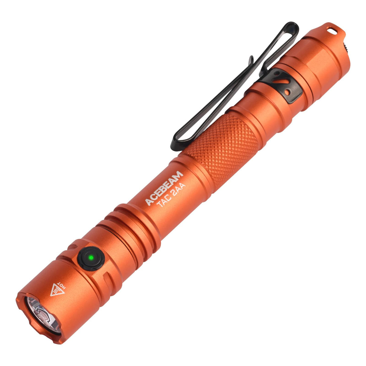 ACEBEAM TAC 2AA flashlight front view showing bright beam for everyday use