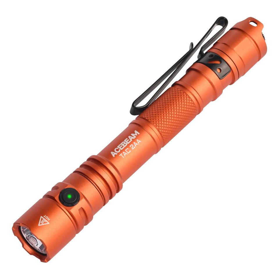ACEBEAM TAC 2AA flashlight front view showing bright beam for everyday use