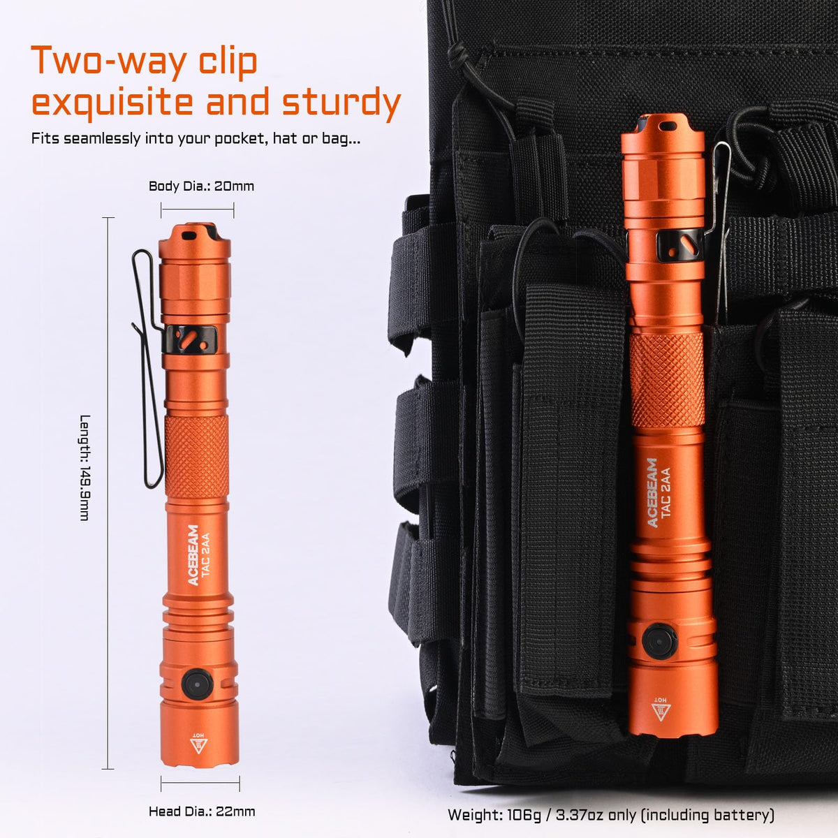 ACEBEAM TAC 2AA flashlight IP68 rugged body for outdoor resilience