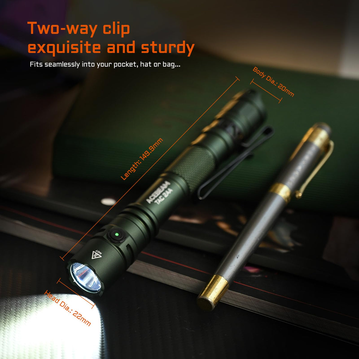 ACEBEAM TAC 2AA IP68-rated aluminum body ready for rugged conditions