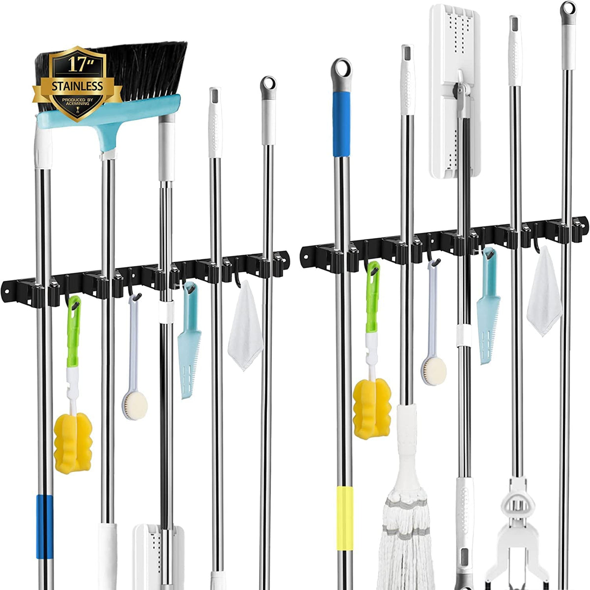 AceMining broom holder wall mount with 5 racks and 4 hooks for organized cleaning tools