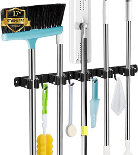 AceMining black mop holder wall mount with five racks and four hooks keeps tools organized.