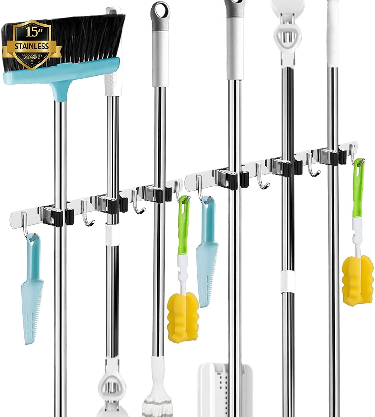 AceMining broom-mop holder wall-mount assembly shows sturdy secure fit.