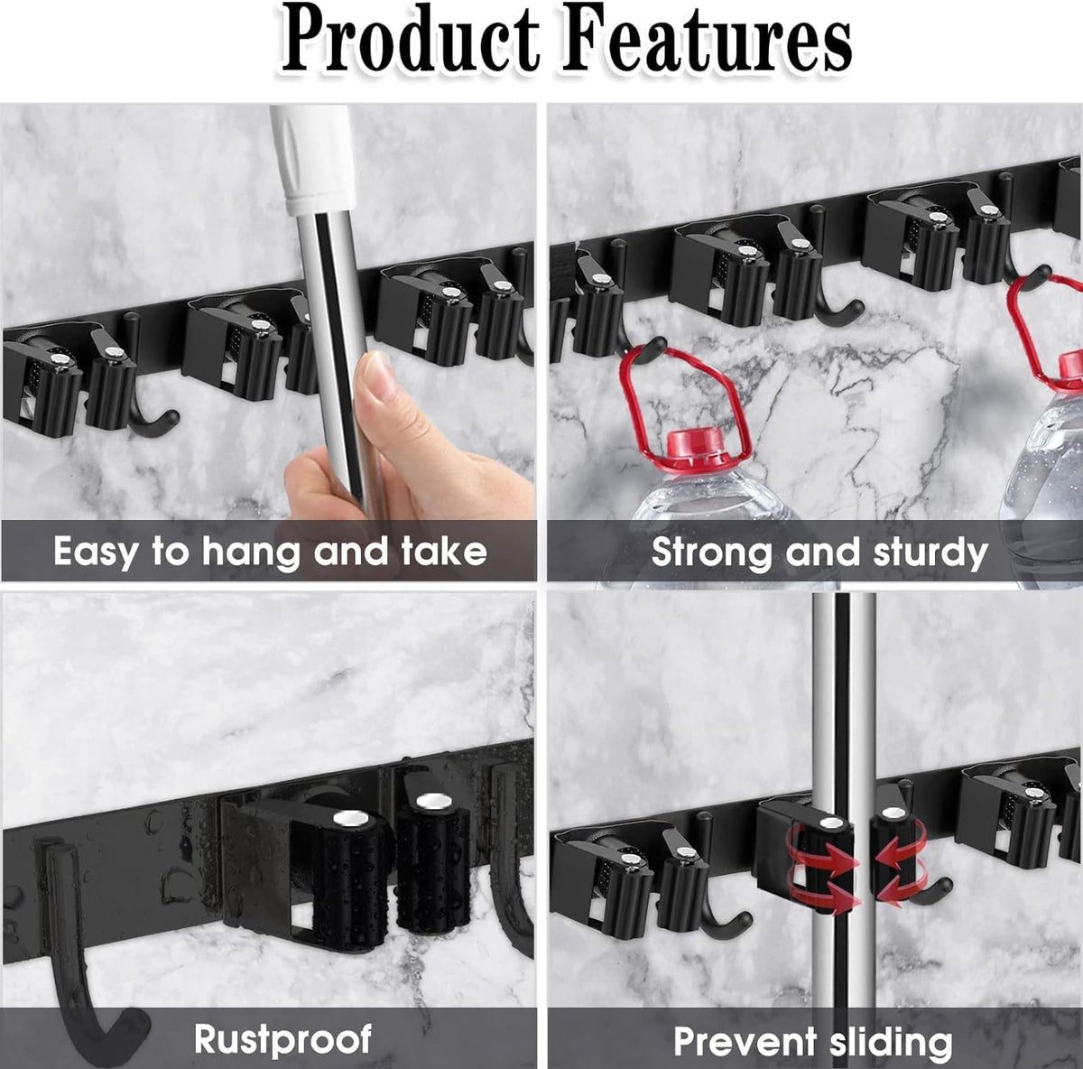 AceMining stainless steel broom organizer provides strong, rustproof storage for kitchen and garage.