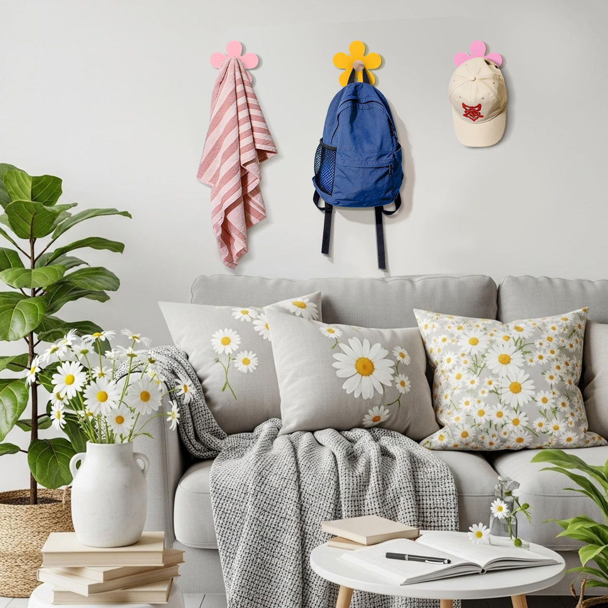 AceOrbit Daisy wall hook in kitchen scene keeps towels within reach.