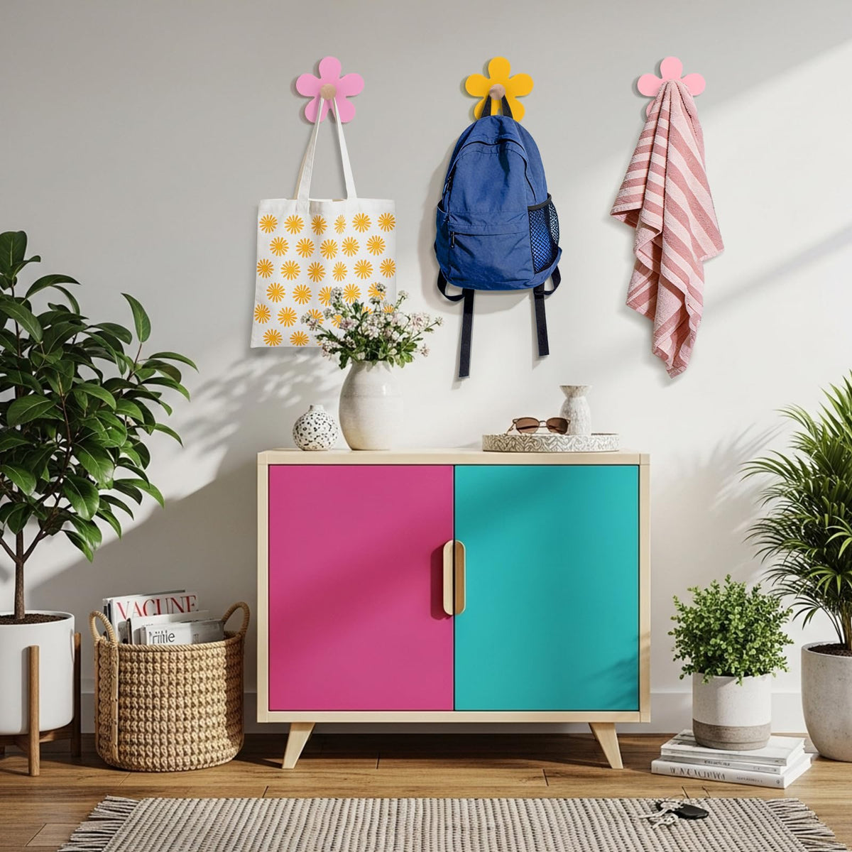 AceOrbit Daisy wall hook in nursery, playful decor with storage utility.