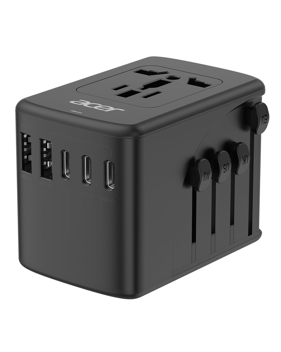 Acer universal travel plug adapter with 6-in-1 ports enables simultaneous charging on the go.