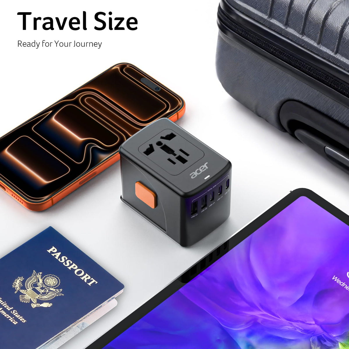 Black sleek Acer travel adapter with universal outlets for US EU UK AU.