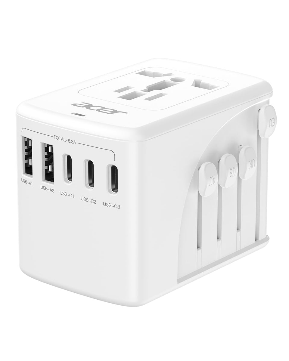 Acer universal travel plug adapter front view with six ports for worldwide charging