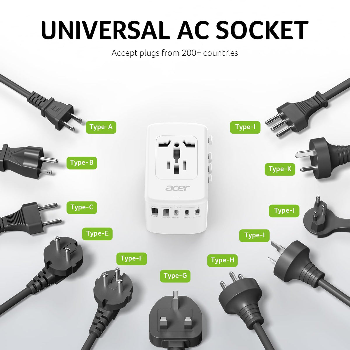 Compact Acer adaptor design showing universal outlet