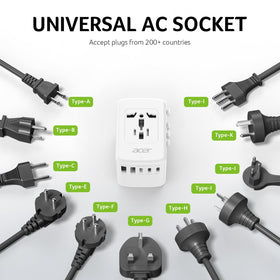 Compact Acer adaptor design showing universal outlet