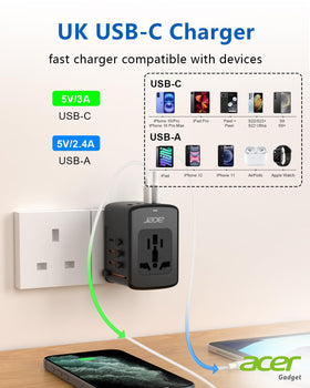 Acer travel adapter shows USB-C ports for fast charging multiple devices worldwide.