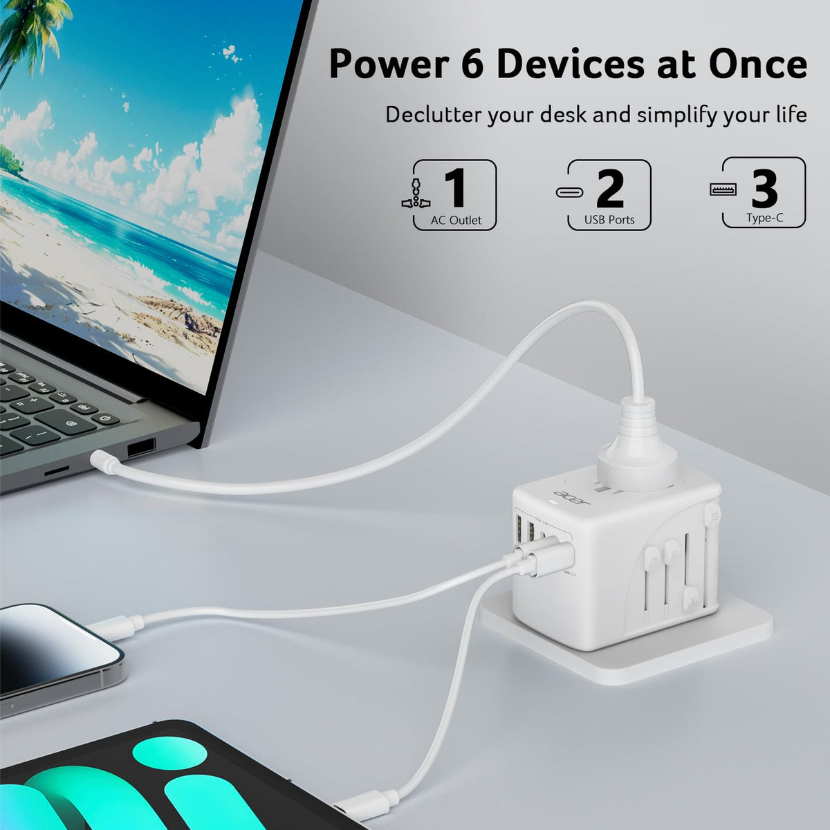 Acer travel adapter charging a phone and laptop simultaneously