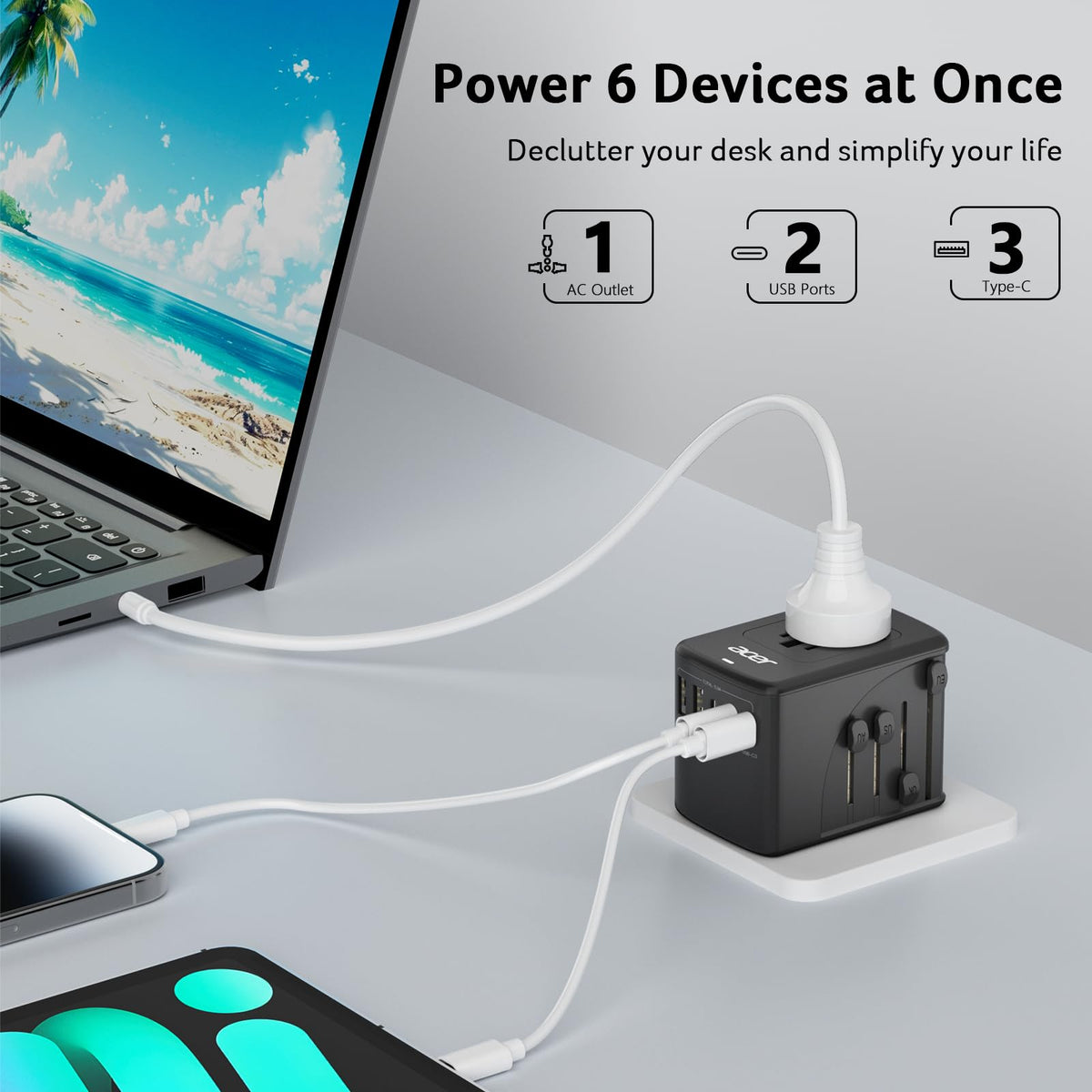 Compact Acer universal adapter fits in luggage for easy travel.