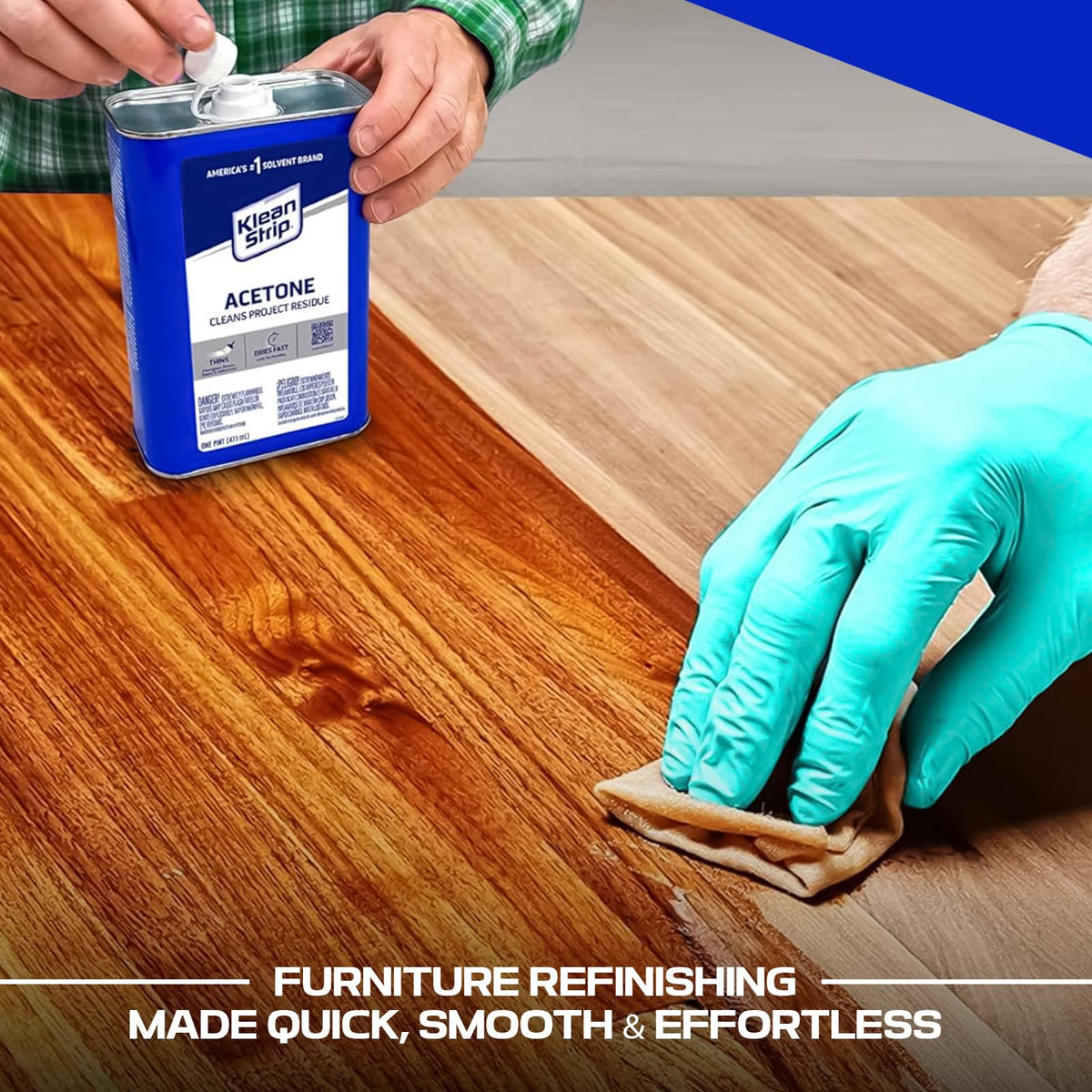 Acetone used on wood, metal, and glass for residue-free surface prep.