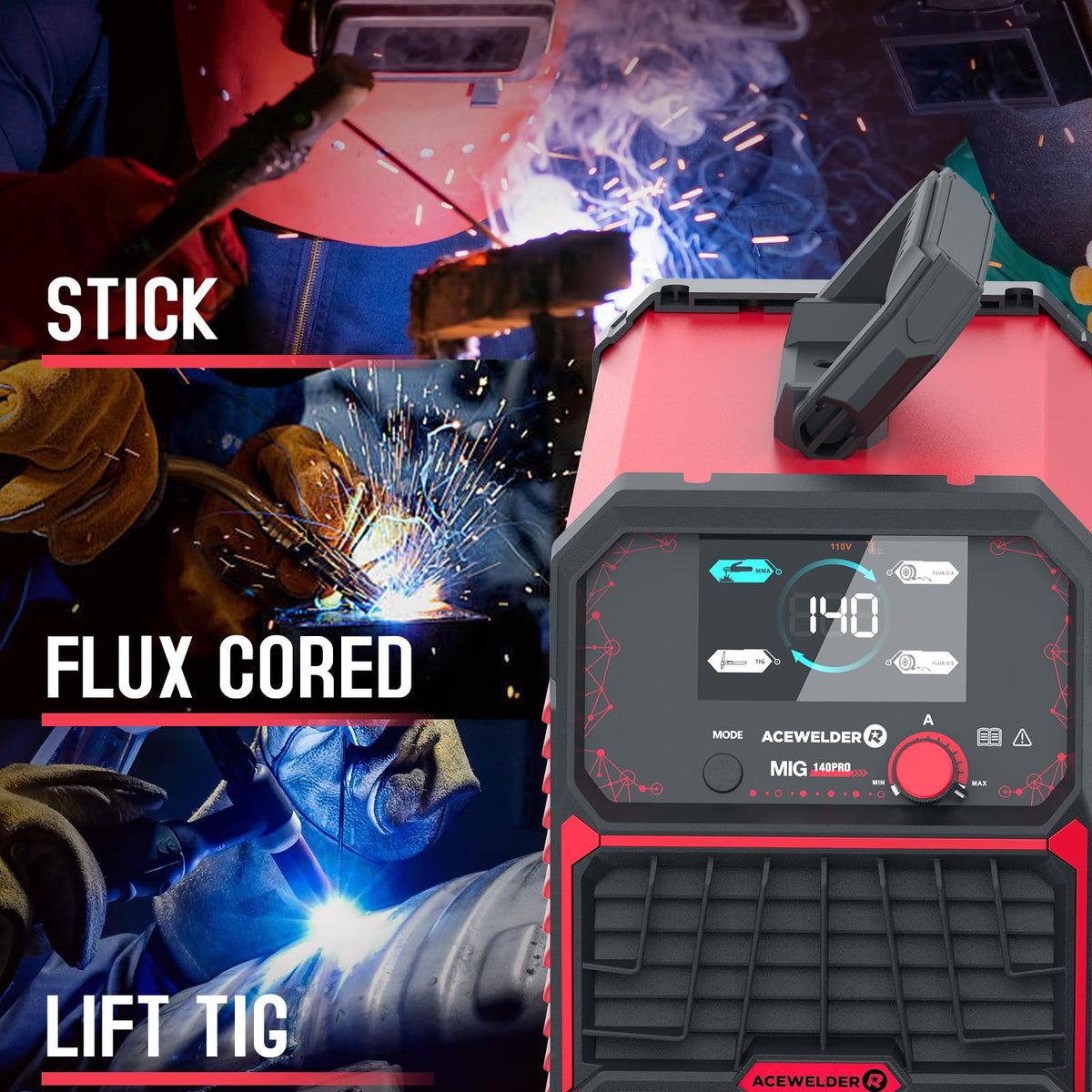 Acewelder 140A MIG welder digital display shows real-time settings for quick adjustments.
