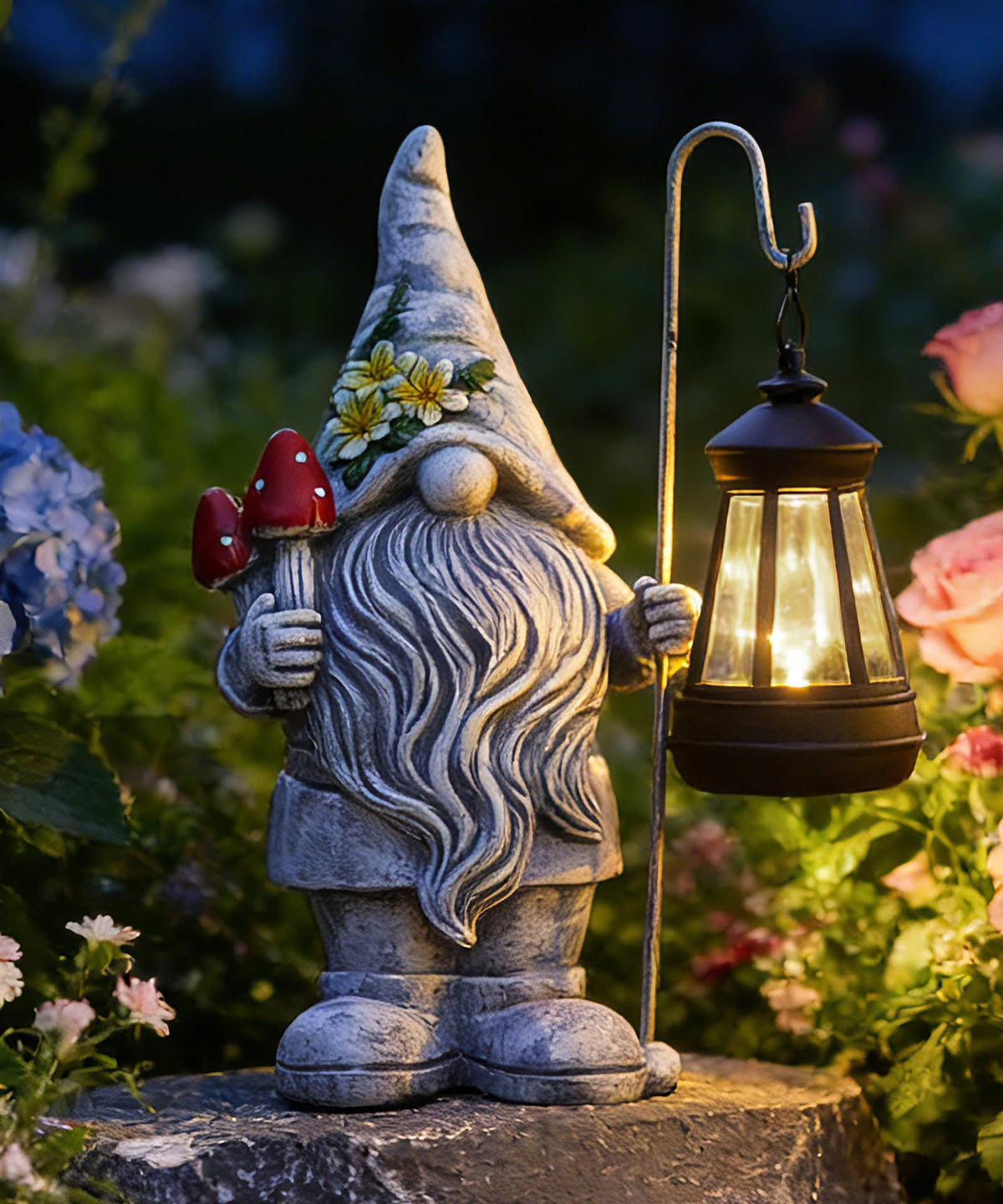 Acgarten garden gnome statue with lantern brightens outdoor scenes with gentle solar glow.