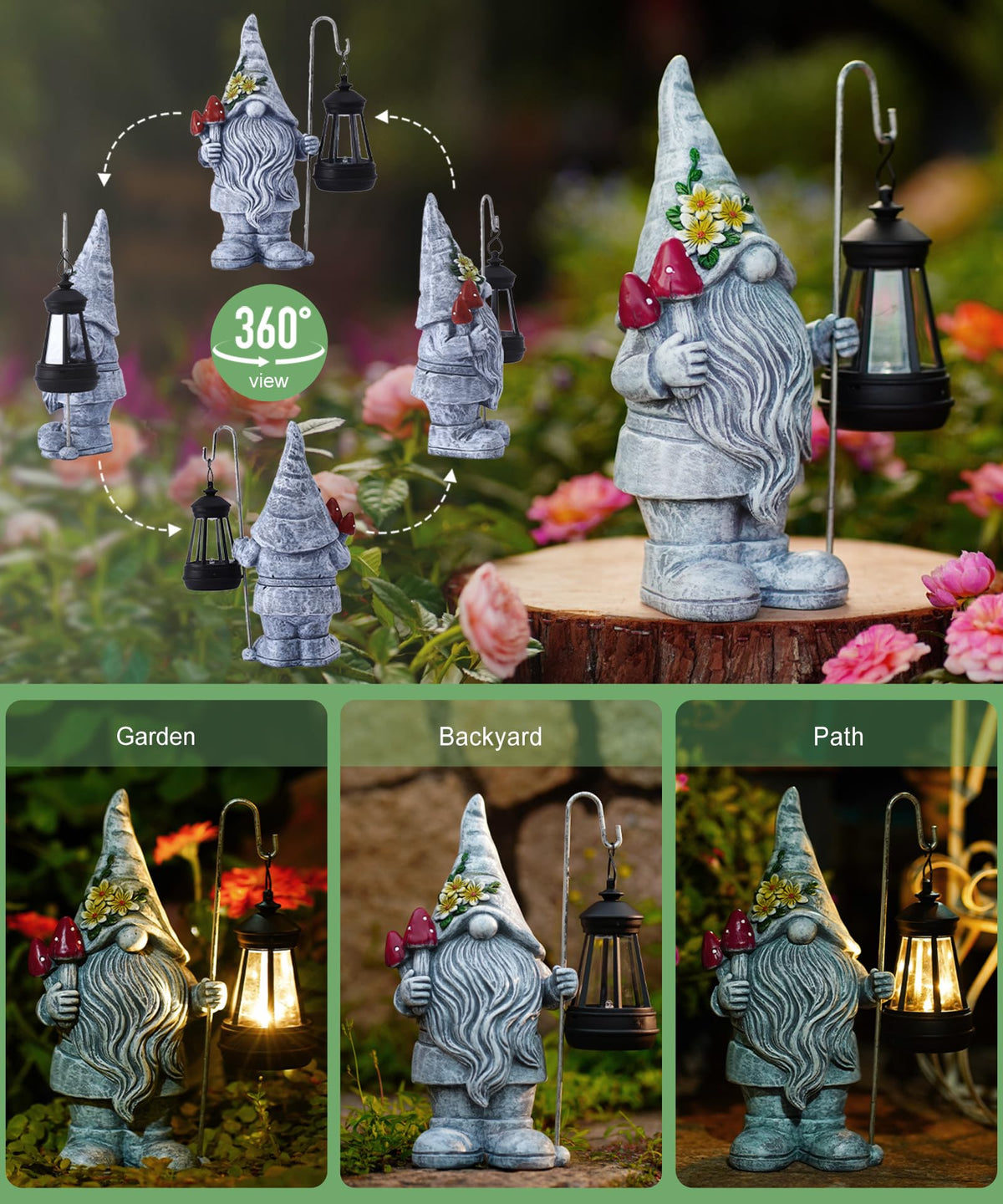 Acgarten gnome holding red mushroom adds whimsy to patios and lawns.