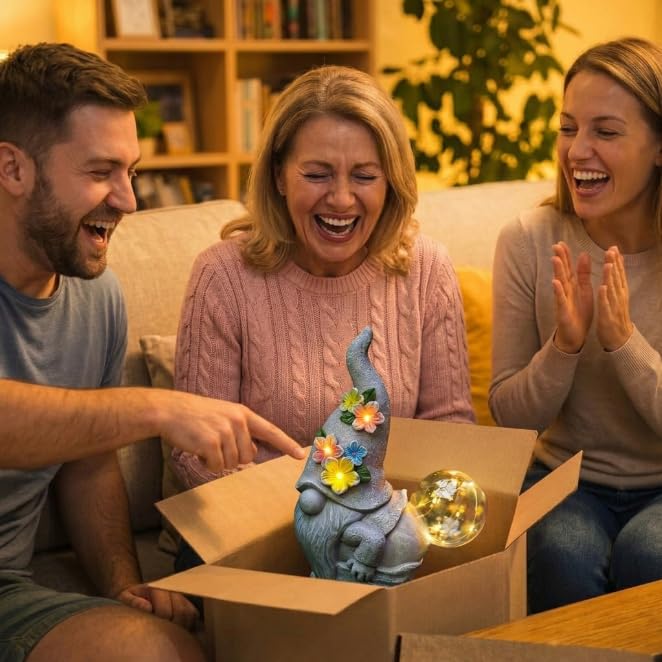 Acgarten night light gnome provides subtle glow for porch gatherings.