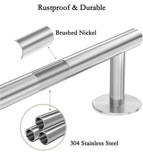 AcGlbauric brushed nickel bathroom hardware blends with minimalist spaces.