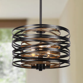 ACNKTZ 12-6-inch chandelier with black wood-texture drum for rustic dining rooms