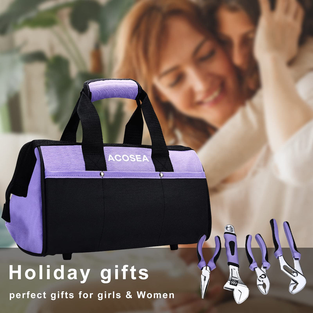 ACOSEA Purple Tool Set featuring a 13-inch wide-mouth bag for easy access to tools