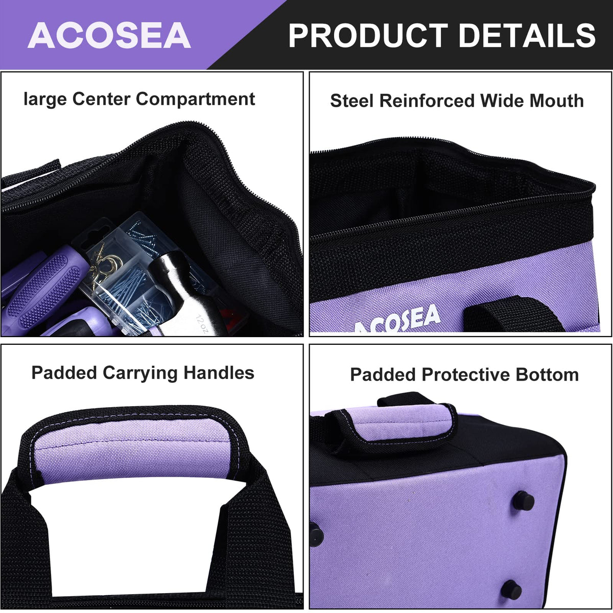 ACOSEA Purple Tool Bag open mouth enables fast tool retrieval