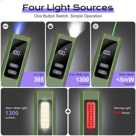 Acoszero EDC Flashlight green beam active mode highlighting laser focus for targeting.
