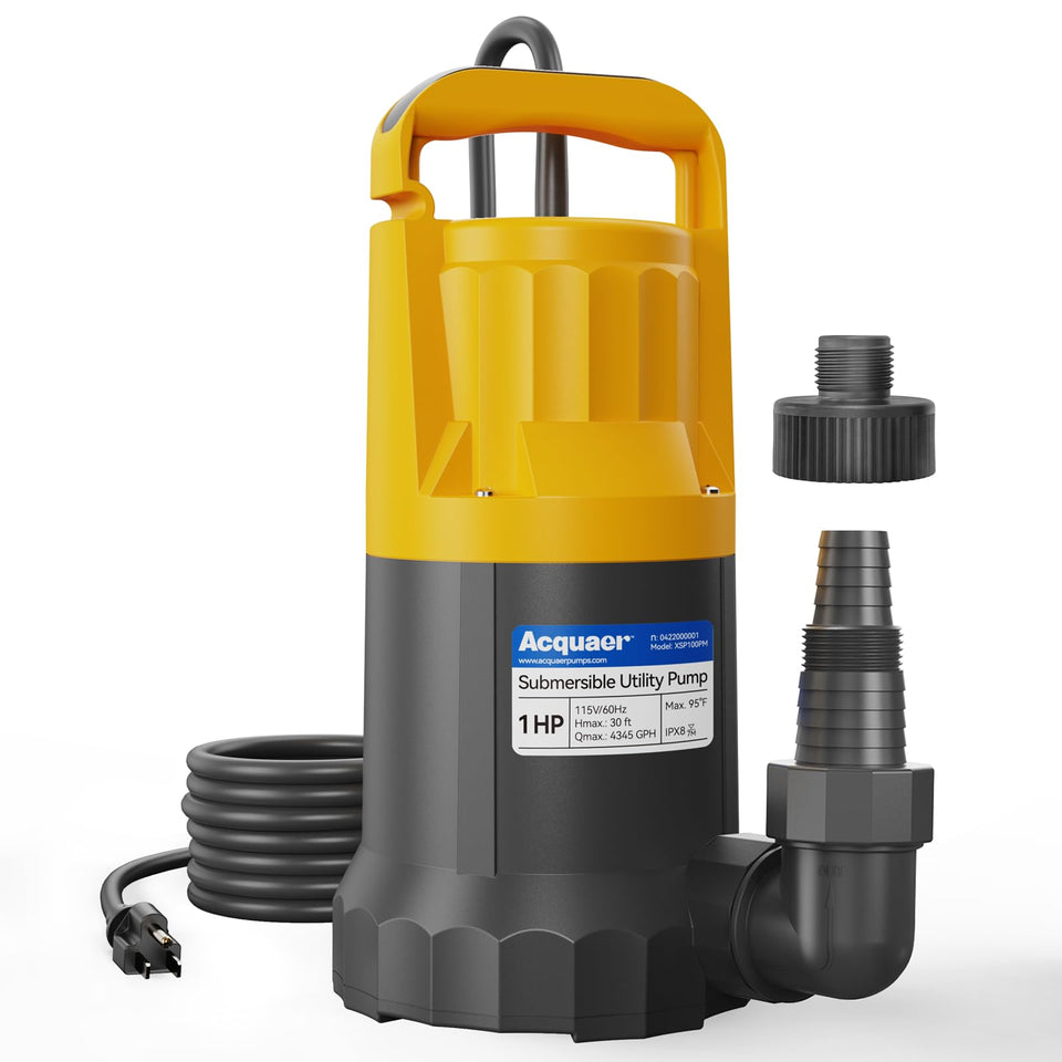 Acquaer 1HP sump pump exterior housing shows durable thermoplastic construction