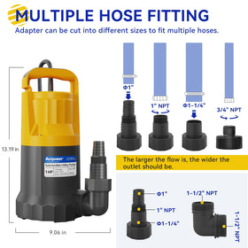 Acquaer 1HP sump pump rated for up to 7 ft immersion