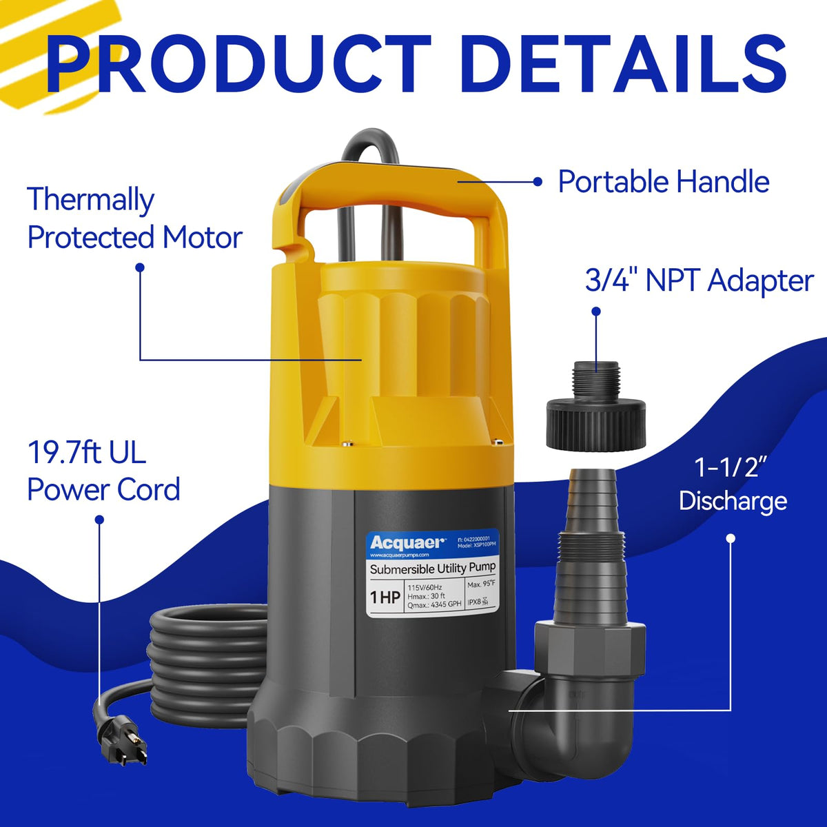 Acquaer 1HP sump pump suitable for basements, pools, hot tubs