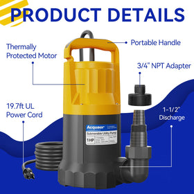 Acquaer 1HP sump pump suitable for basements, pools, hot tubs