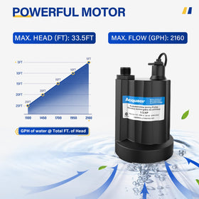 Acquaer discharge options include 1-1/4in NPT and garden hose compatibility.