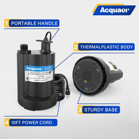 Acquaer pump shown with a 10 ft cord for easy portability.
