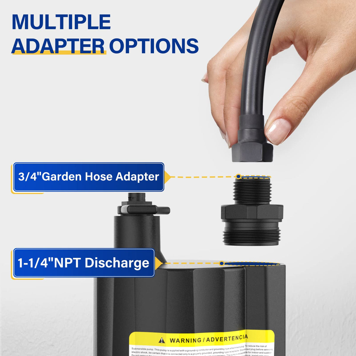 Acquaer pump demonstrates lifting water up to 29.5 feet for high drainage capabilities.