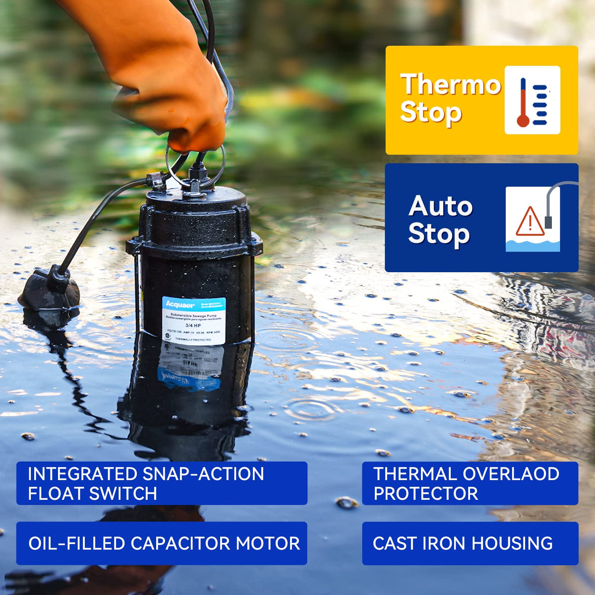 Acquaer sewage pump 2in NPT discharge for standard plumbing connections