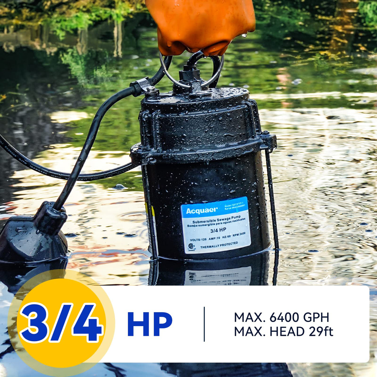Acquaer sewage pump automatic float switch enables hands-free operation