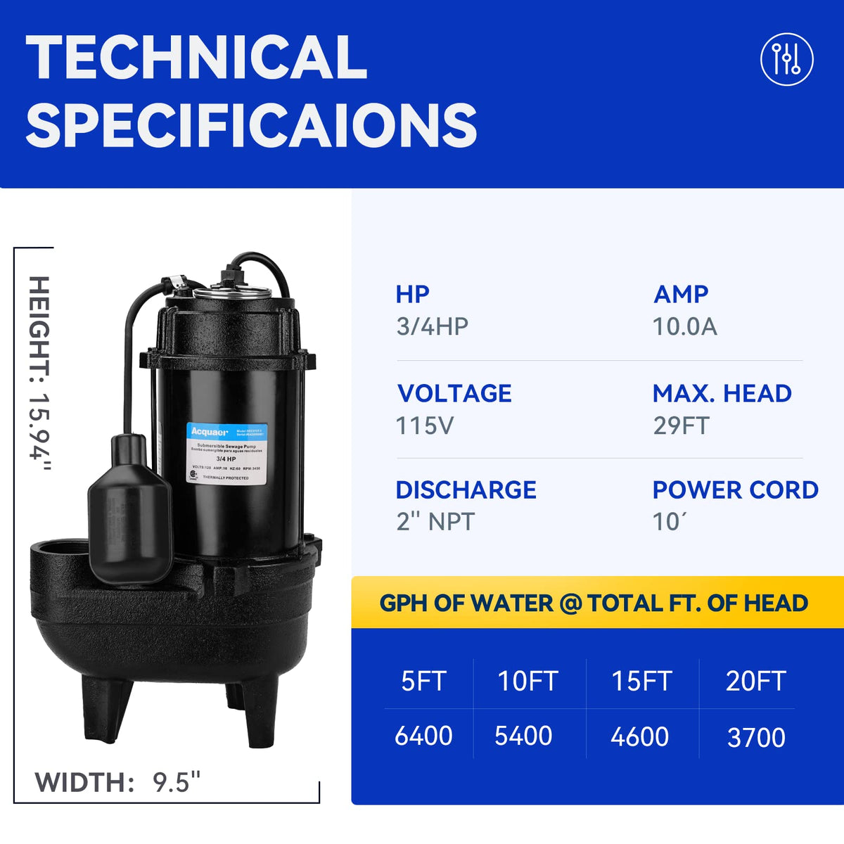Acquaer sewage pump suitable for basement installation and dewatering