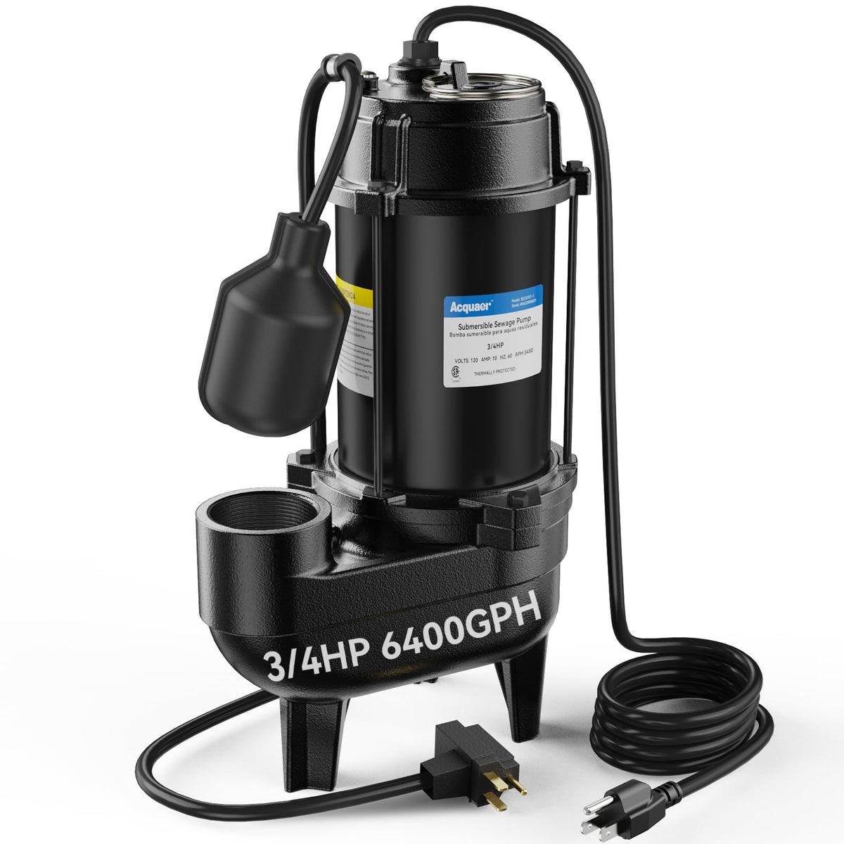 Acquaer sewage pump cast-iron body for durable basement drainage